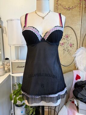 Champagne Black Sheer Babydoll Chemise with Pink and White Lace Trim